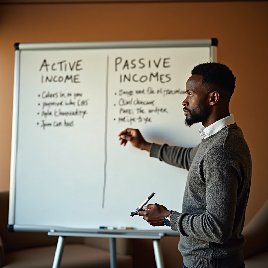 Whiteboard mit Gegenüberstellung von aktivem und passivem Einkommen während einer Kurseinheit