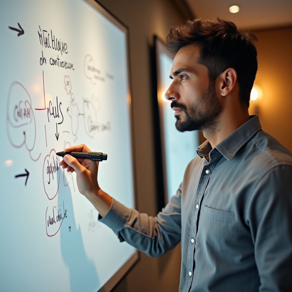 Selbstständige Person skizziert vorhandene Fähigkeiten auf einem Whiteboard während einer Arbeitssitzung