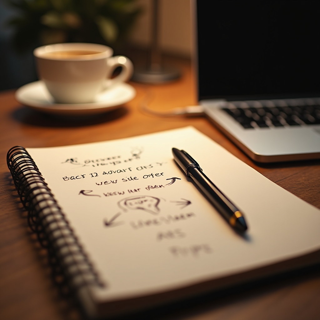 Notizbuch mit handschriftlicher Planung für ein neues Nebenangebot auf einem Holztisch