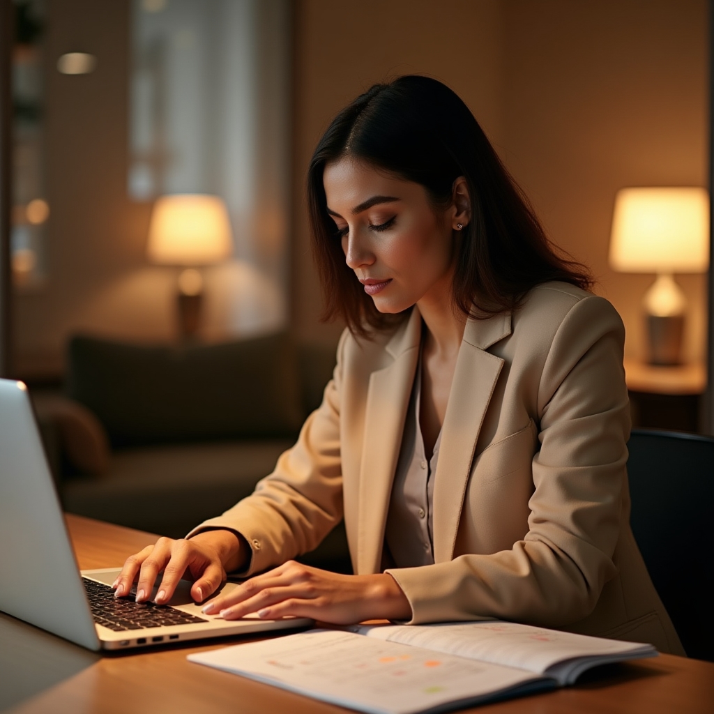 Ordentlicher Arbeitsplatz einer selbstständigen Person mit Laptop und Kalender